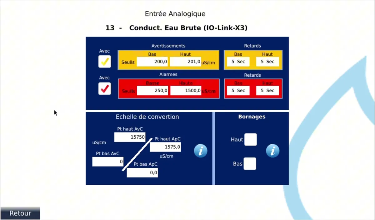 Réglage d'une entrée analogique IO-Link : seuils, alarmes, échelle