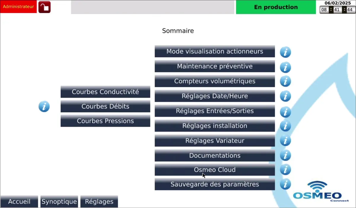Sommaire de l'écran Osmeo Connect
